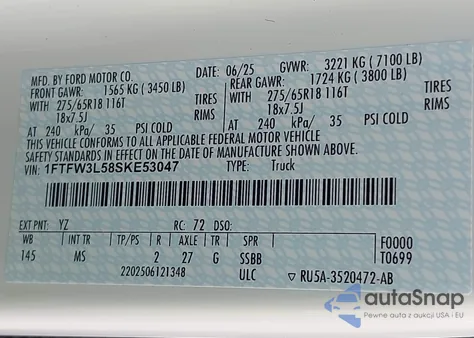 2025 Ford F-150 Xlt from USA, damaged, VIN 1FTFW3L58SKE53047